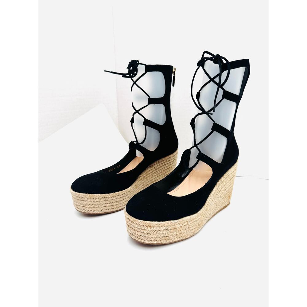 DIOR Iver Black Leather Wedge Heel Lace-Up Sandal Booties Ankle Boots size EU 37